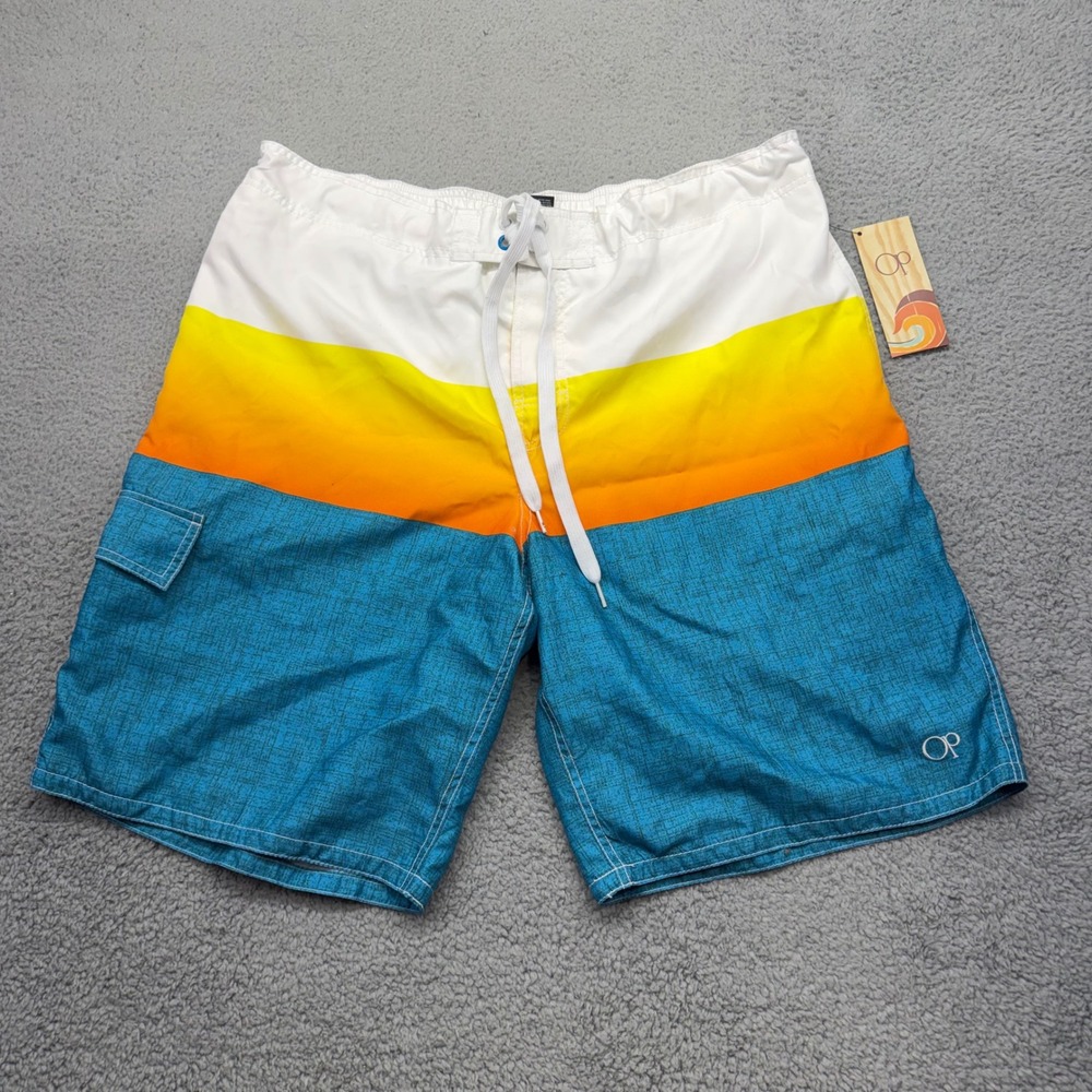 Ocean Pacific OM14204Y Mens XL 40-42 OP C Block E-Board Ocean Blue Swim Trunks